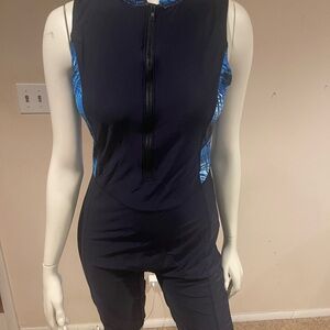 Navy Blue Sleeveless Jumpsuit with Patterned Accents